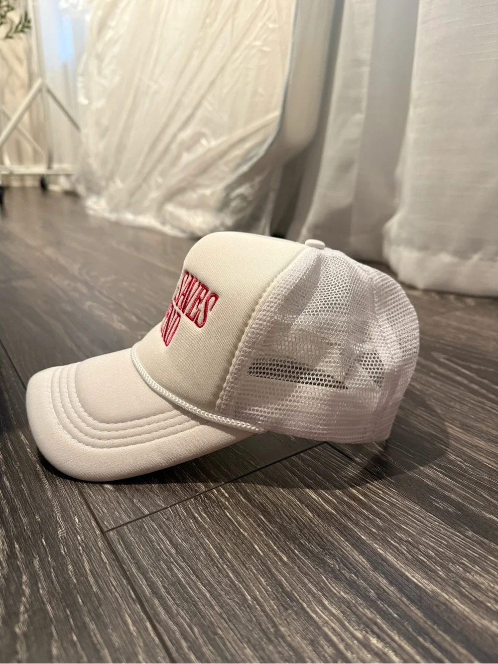 White Trucker Hat with Red Embroidery - 'Jesus Saves I Spend'